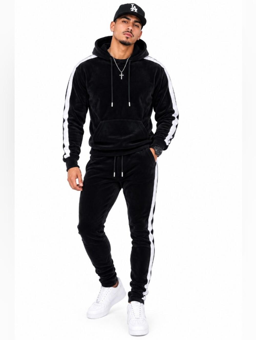 Small Men's Black Jogger Pants with White Side Stripe